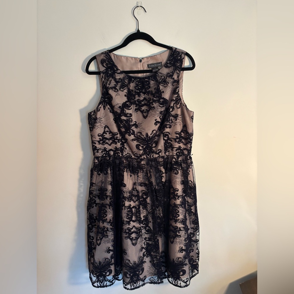 Jessica Howard Black Lace Overlay on Tan/Nude Midi Dress